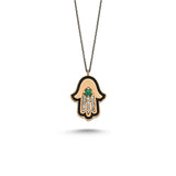 Emerald Hand of Fatima Necklace with Black Enamel & White Diamond