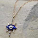 Evil Eye Necklace with Navy Blue Enamel & Tapered Diamond